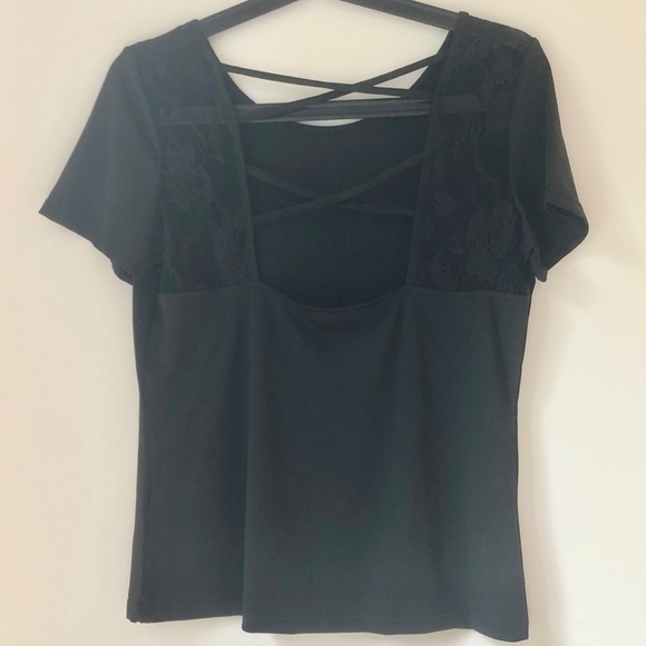 SHEIN BLACK LACE CRISSCROSS BACK TEE -  M - Picture 6 of 12